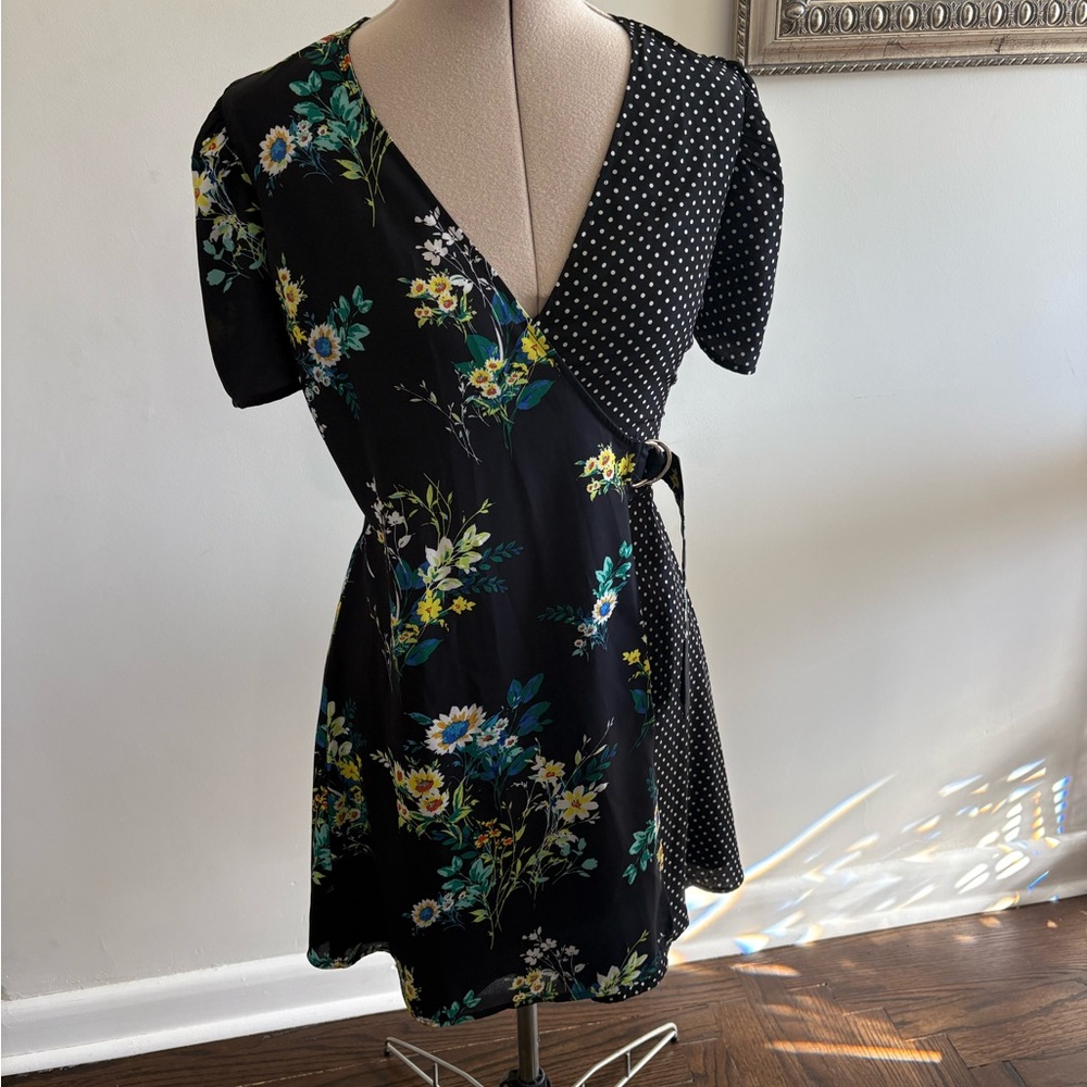 Black and White Asymmetrical Wrap Dress with Puff Sleeves